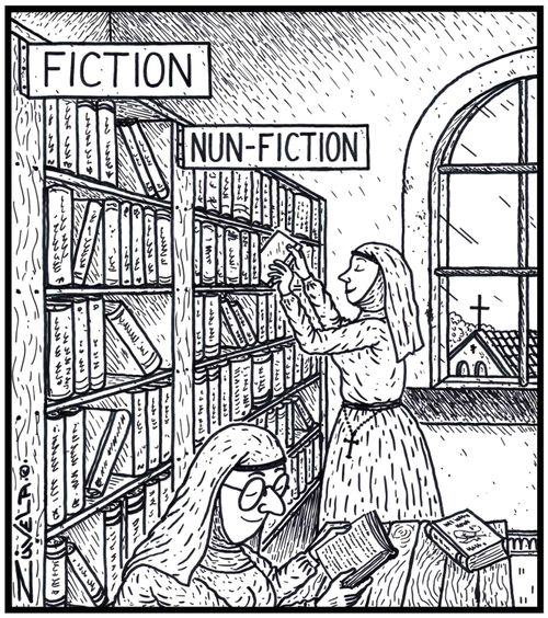 Visual Gag Fiction Nun-fiction nuns in a nunnery library choosing and reading books for nuns