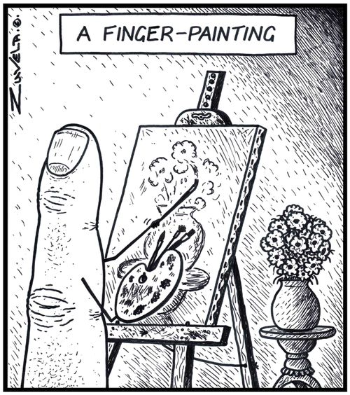 A finger painting a painting of a vase and flowers.