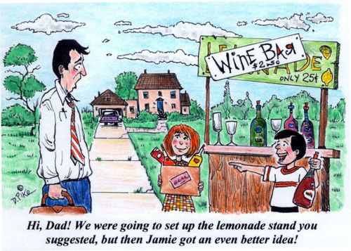'Hi, Dad! We were going to set up the lemonade stand you suggested, but then Jamie got an even better idea!'