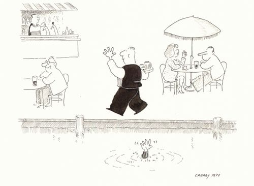 Waiter thinks drowning man is asking for 5 beers