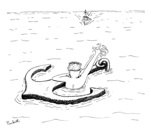 A man staying afloat on an anchor at sea.