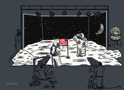 The lunar landing of Appollo 11 is shown as a hoax filmed in a studio. 