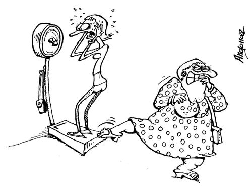 Fat woman worring a thin woman whoes weighing herself by putting her foot on the scale