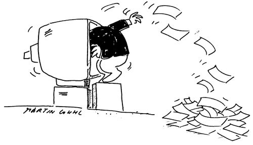 Man rummaging through a TV set throwing out bits of paper