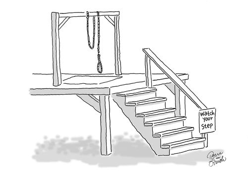 Sign on gallow steps; "Watch your step".