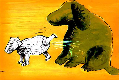 Robotic dog throws dirt onto real dog.