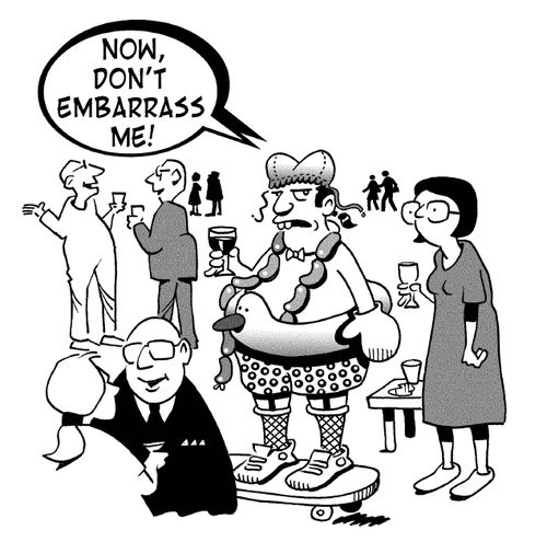 Eccentrically dressed husband says to quiet, timid looking wife: 'Now, don't embarrass me!'