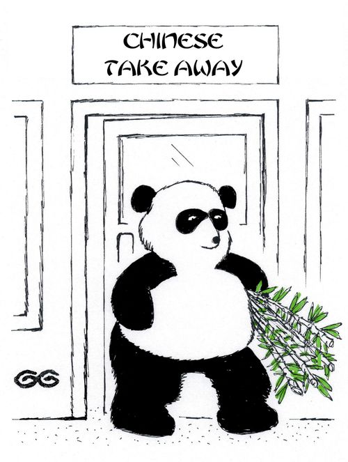 Panda leaving chinese take-away with bamboo.