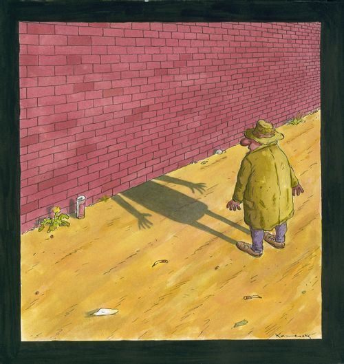 Shadow disappearing under a wall.
