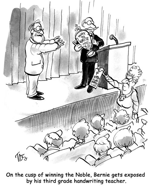 On the cusp of winning the Nobel, Bernie gets exposed by his third grade handwriting teacher.