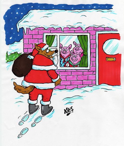 The Big Bad Wolf visits the Three Little Pigs dressed as Santa.