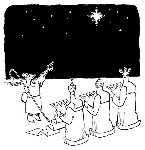 Shepherd points out the north star to 3 wisemen holding maps.
