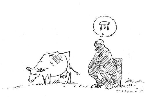 Thinker ponders milking stool.