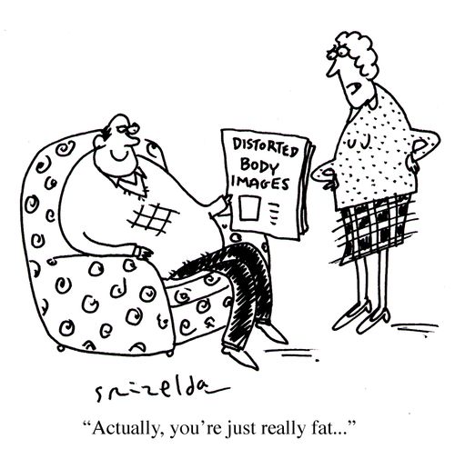 Large man reading 'Distorted body images' headline. Wife: 'Actually, you're just really fat...'