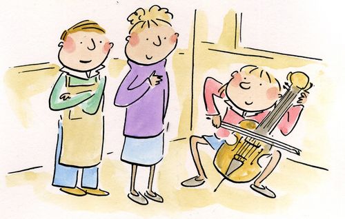 Trying cellos, too small!