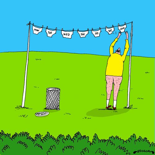 Man hanging out underpants on washing line.