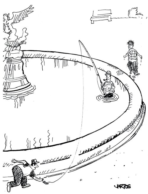 'Fisherman luring people into a pond with money on the end of a fishing line.'