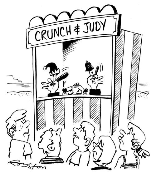 'Crunch and Judy' show. (Puppeteer uses hands as he has no puppets.)