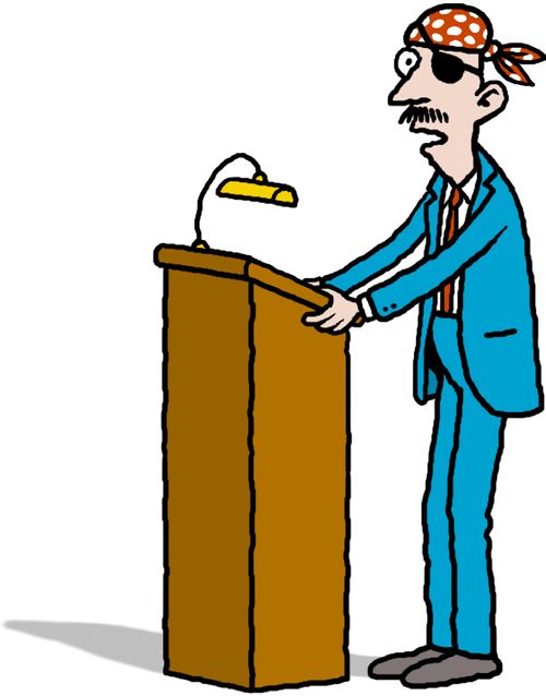 Man with pirate eye patch and bandana giving a lecture