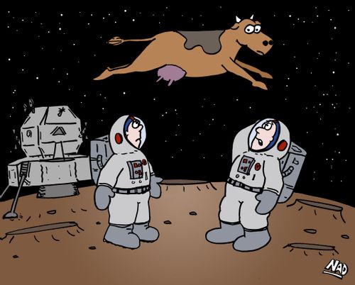Two astronauts on the moon look up to see a cow jumping over them.
