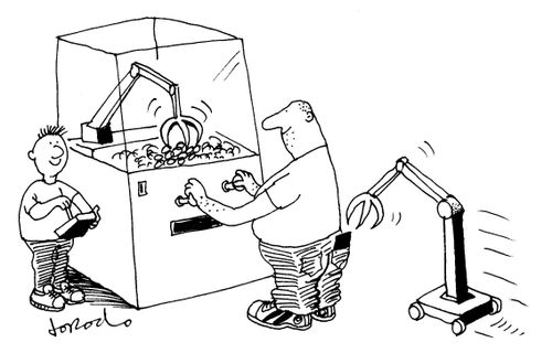 Boy controls crane to steal man's wallet in arcade.
