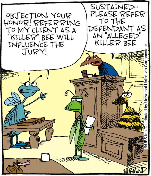 'Objection, your honor! Referring to my client as a 'killer' bee will influence the jury!' 'Sustained - please refer to the defendant as an 'alleged killer bee'.'