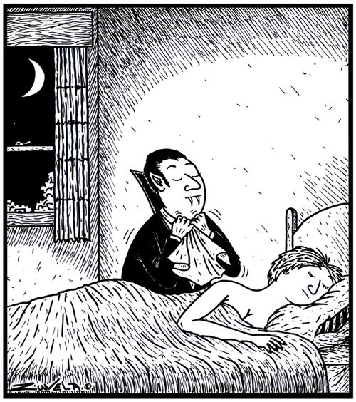 A vampire preferring to use a napkin when sucking blood.