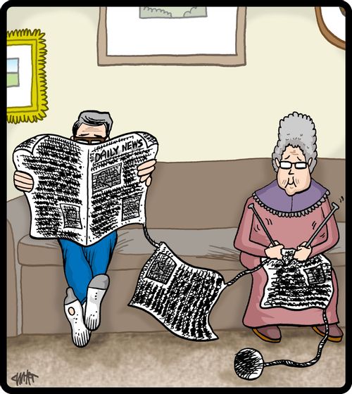 Old wife knits a newspaper for her husband.