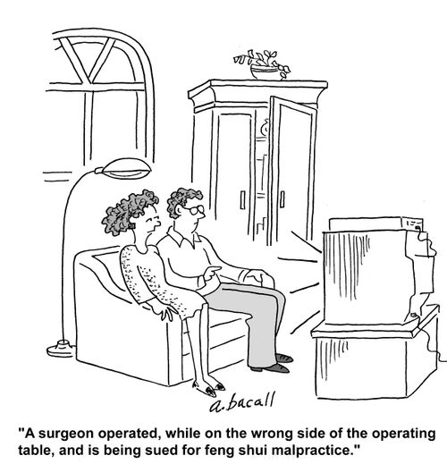 A surgeon operated, while on the wrong side of the operating table, and is being sued for feng shui malpractice.