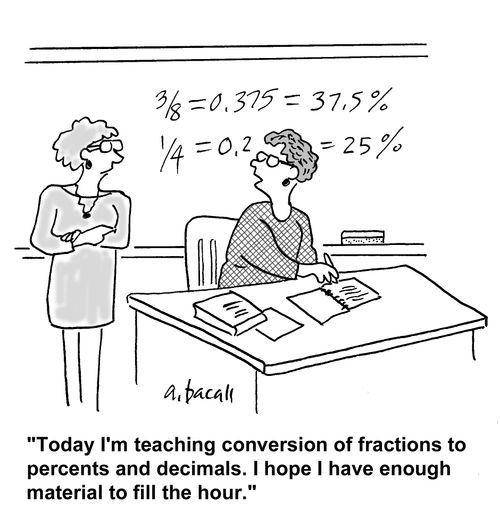 'I'm teaching conversion of fractions to percents and decimals. I hope I have enough material to fill the hour.'