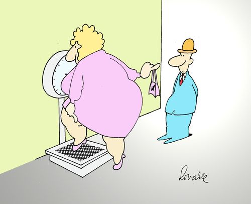fat woman passed her handbag to husband before getting weighed.
