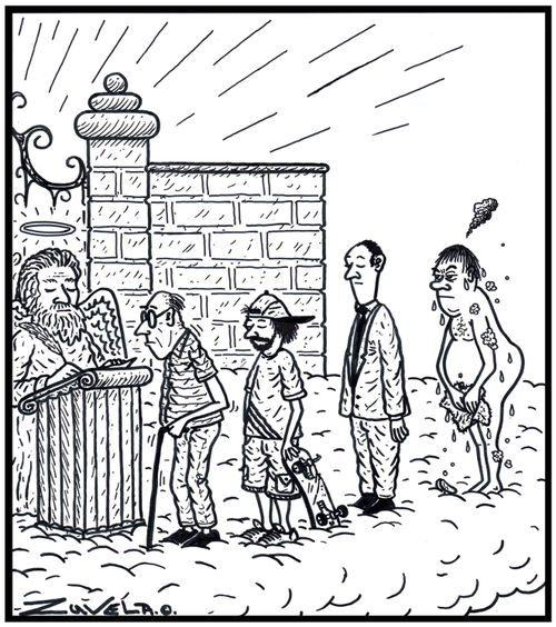 A man has died while having a shower and has turned up in Heaven naked and not amused.