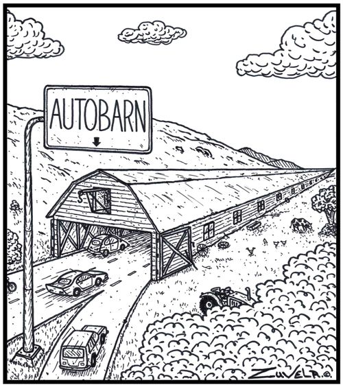 An Autobahn in the form of a farm barn.
