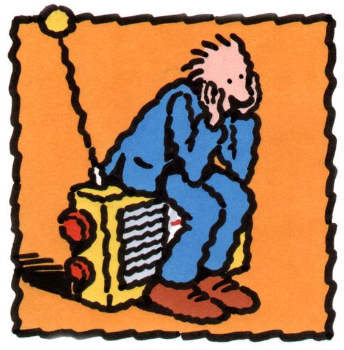 Feelings towards radios #4 Man sitting on a radio looking sad.