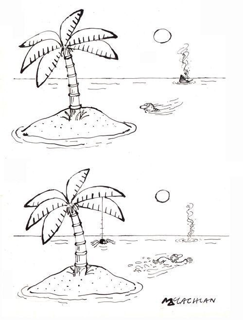Shipwreaked man rejecting desert island because of a spider