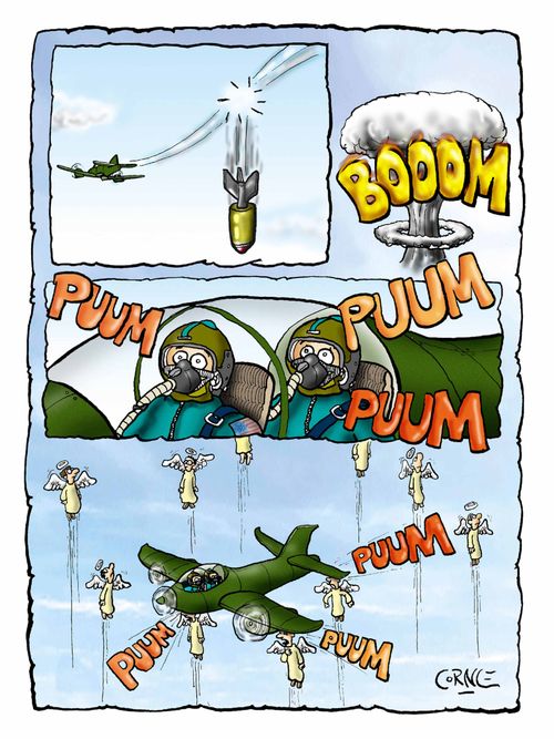 Dead people from dropped bomb pass by fighter plane