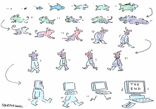 Evolution of man, starting at ameba through to computer