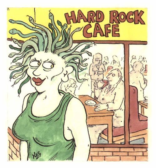 Medusa turning everyone in the 'Hard Rock caf�' into rock