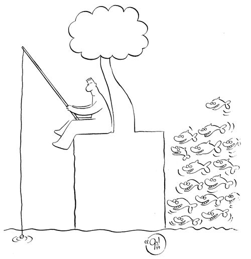 Man fishing of one side while fish laugh at him from the other side