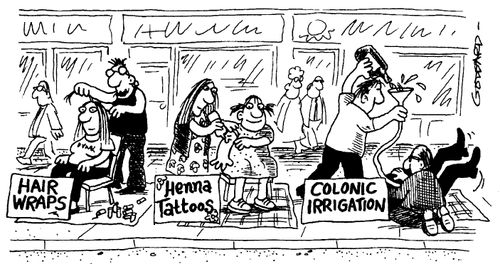 Street merchants 'Hair wraps' 'Henna Tattoos' 'Colonic irrigation'