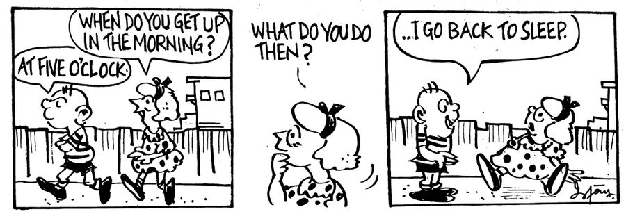 Young girl asks young boy what time he wakes in the morning