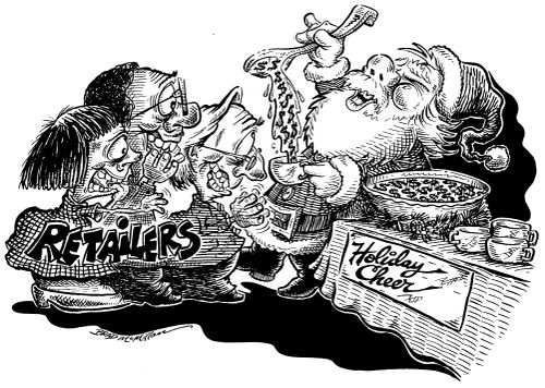 Father Christmas dishing out money for the retailers