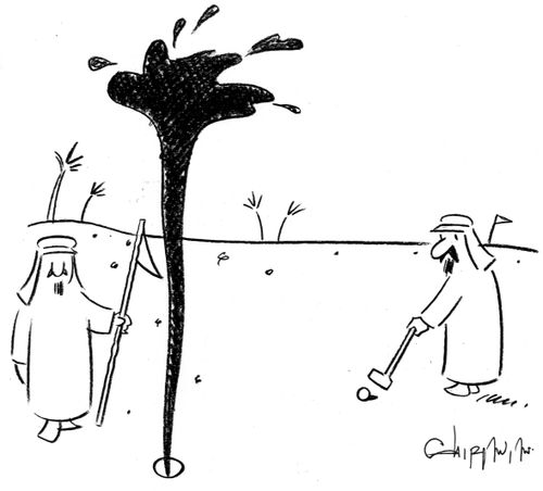 Oil squirting out of a golf hole, as arabs ty to play.