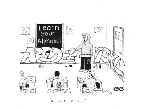 'A...B...C...D...E...' - Graffiti on classroom wall.