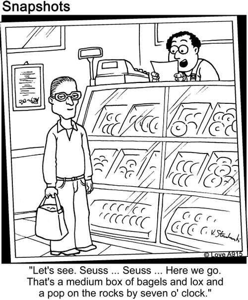 "Let's see. Seuss... Seuss... Here we go. That's a medium box of bagels and lox and a pop on the rocks by seven o' clock."