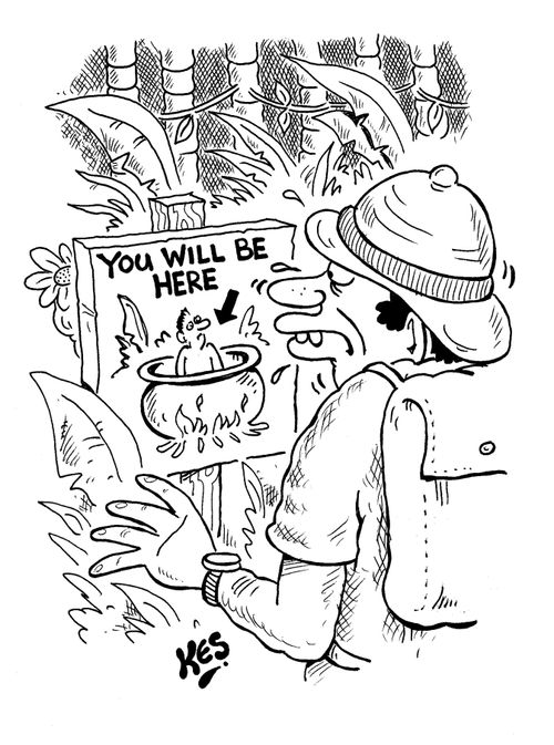 An explorer sees a sign in the jungle, which reads: 'You wiil be here'.