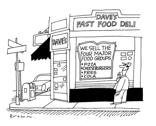 Deli sells the four major food groups - pizza, cheeseburgers, fries and cola.