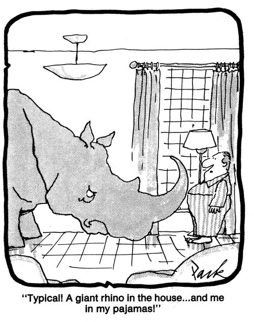 'Typical! A Giant rhino in the house, and me in my pajamas!'