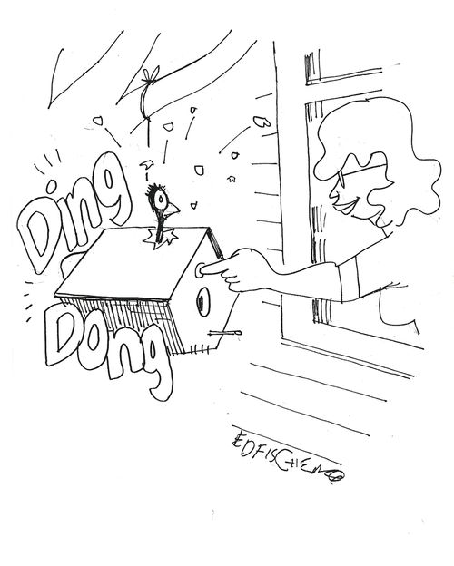 Woman Rings Birdhouse Doorbell.