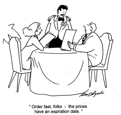 'Order fast, folks - the prices have an expiration date.'